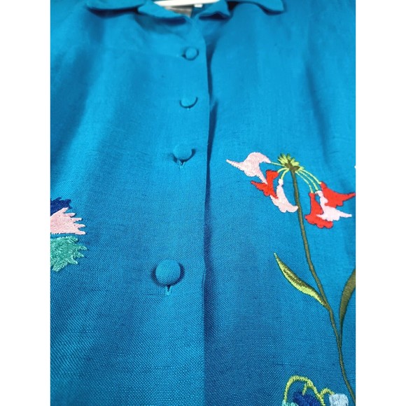 Halmore Plus Women's Sz 20W Blue Linen Blend Shirt Floral Embroidered Blouse - Picture 12 of 15